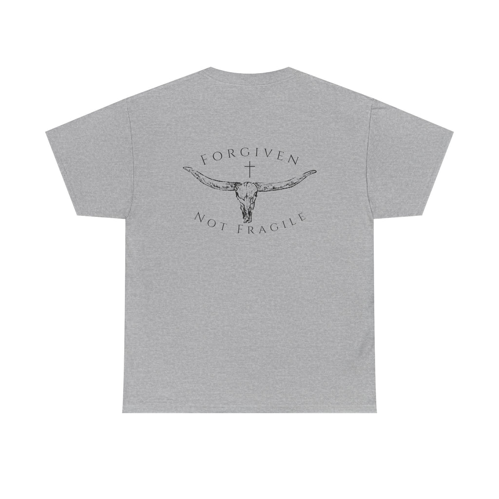 Forgiven Not Fragile Tee — Longhorn Skull Graphic Christian Cotton Tee