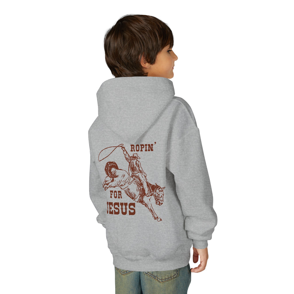 Ropin’ for Jesus – Youth Cowboy Hoodie (Heather Gray)