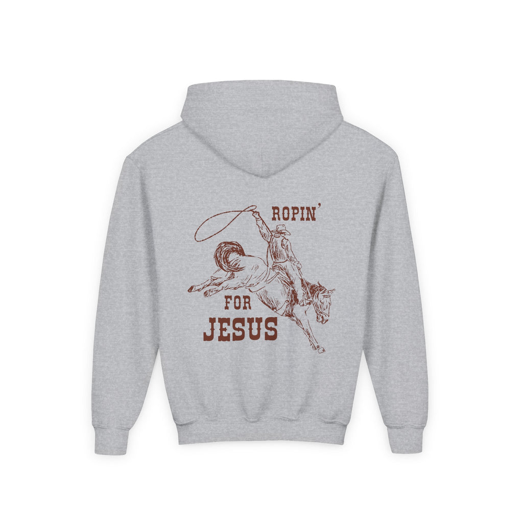 Ropin’ for Jesus – Youth Cowboy Hoodie (Heather Gray)