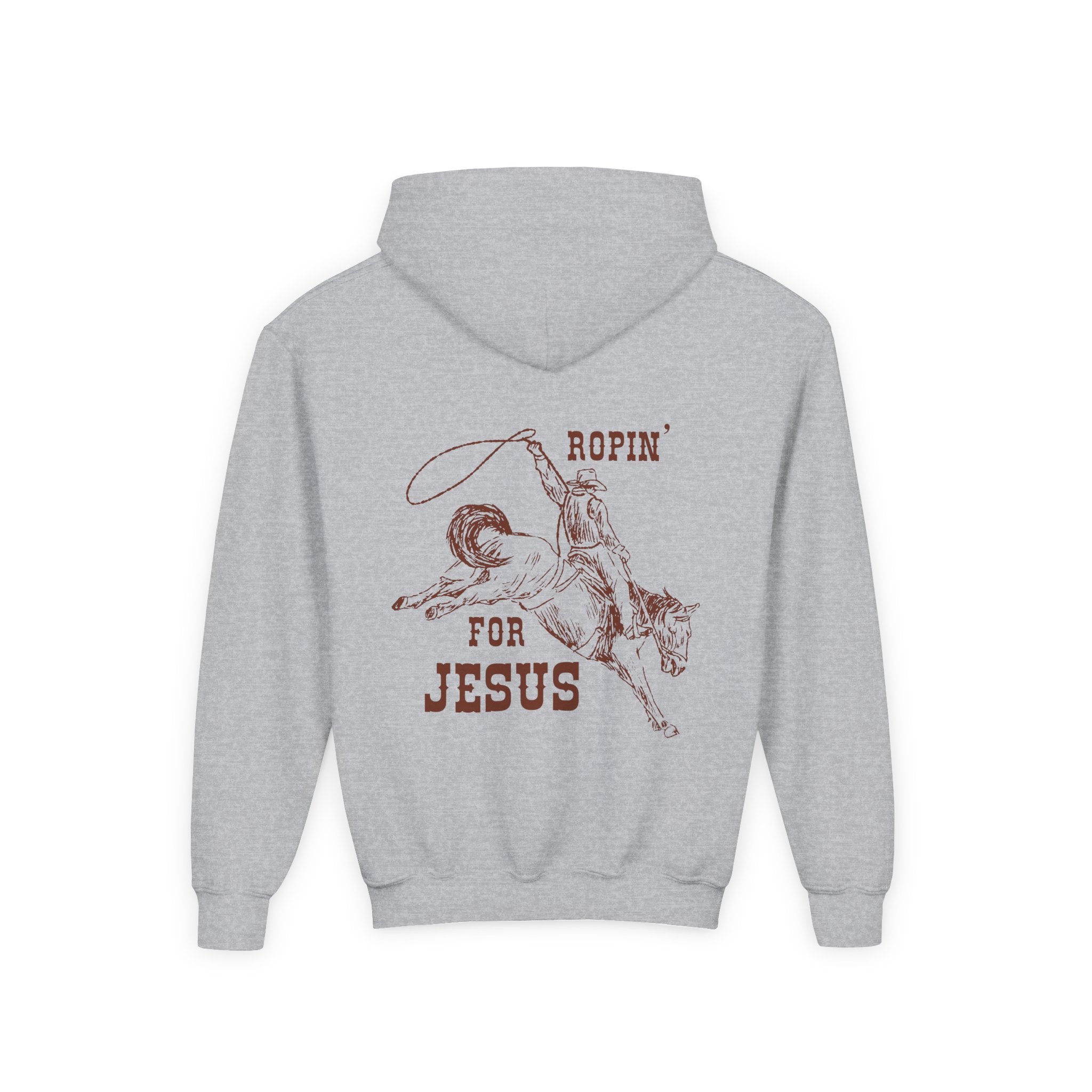 Ropin’ for Jesus – Youth Cowboy Hoodie (Heather Gray)