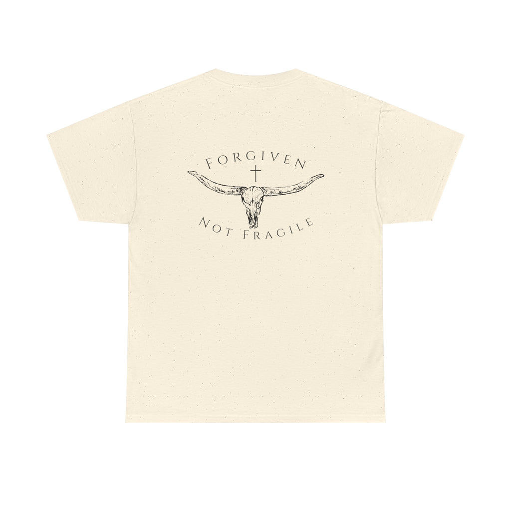 Forgiven Not Fragile Tee — Longhorn Skull Graphic Christian Cotton Tee