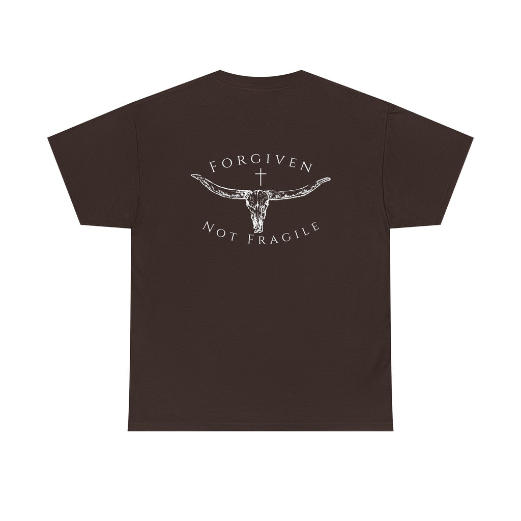Forgiven Not Fragile Tee — Longhorn Skull Graphic Christian Cotton Tee