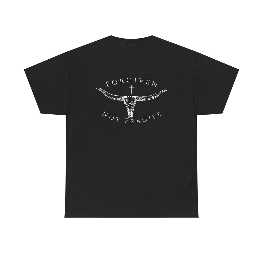 Forgiven Not Fragile Tee — Longhorn Skull Graphic Christian Cotton Tee