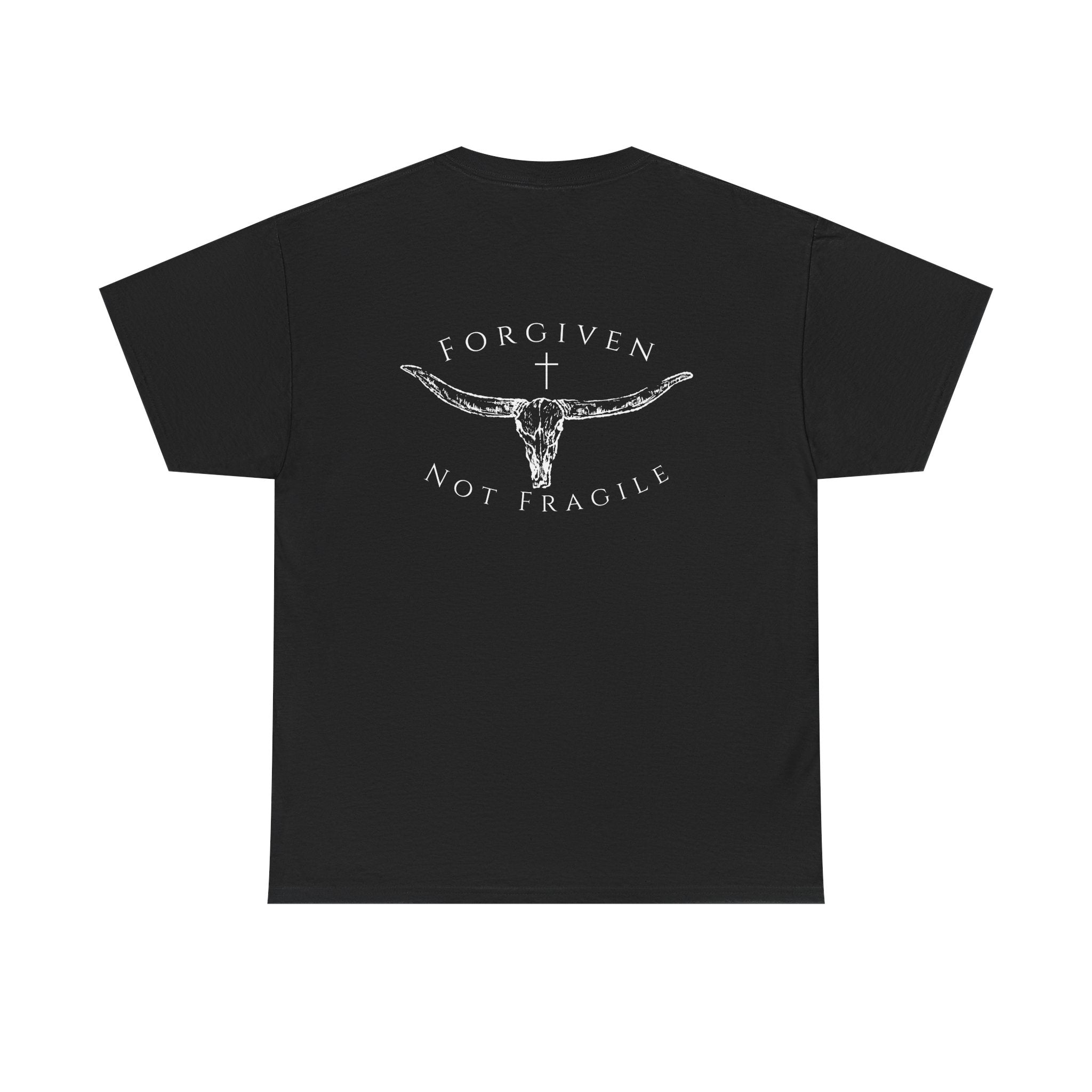 Forgiven Not Fragile Tee — Longhorn Skull Graphic Christian Cotton Tee