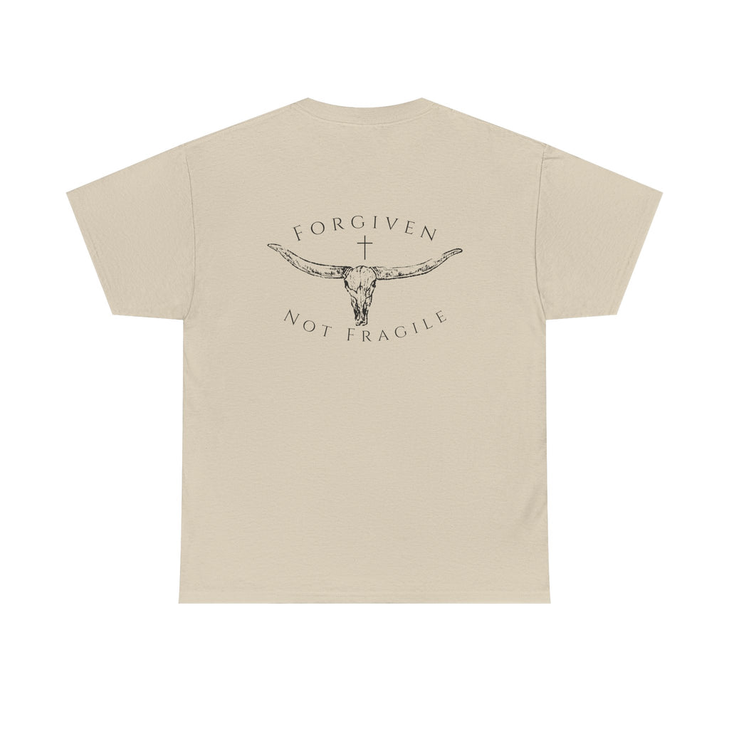Forgiven Not Fragile Tee — Longhorn Skull Graphic Christian Cotton Tee