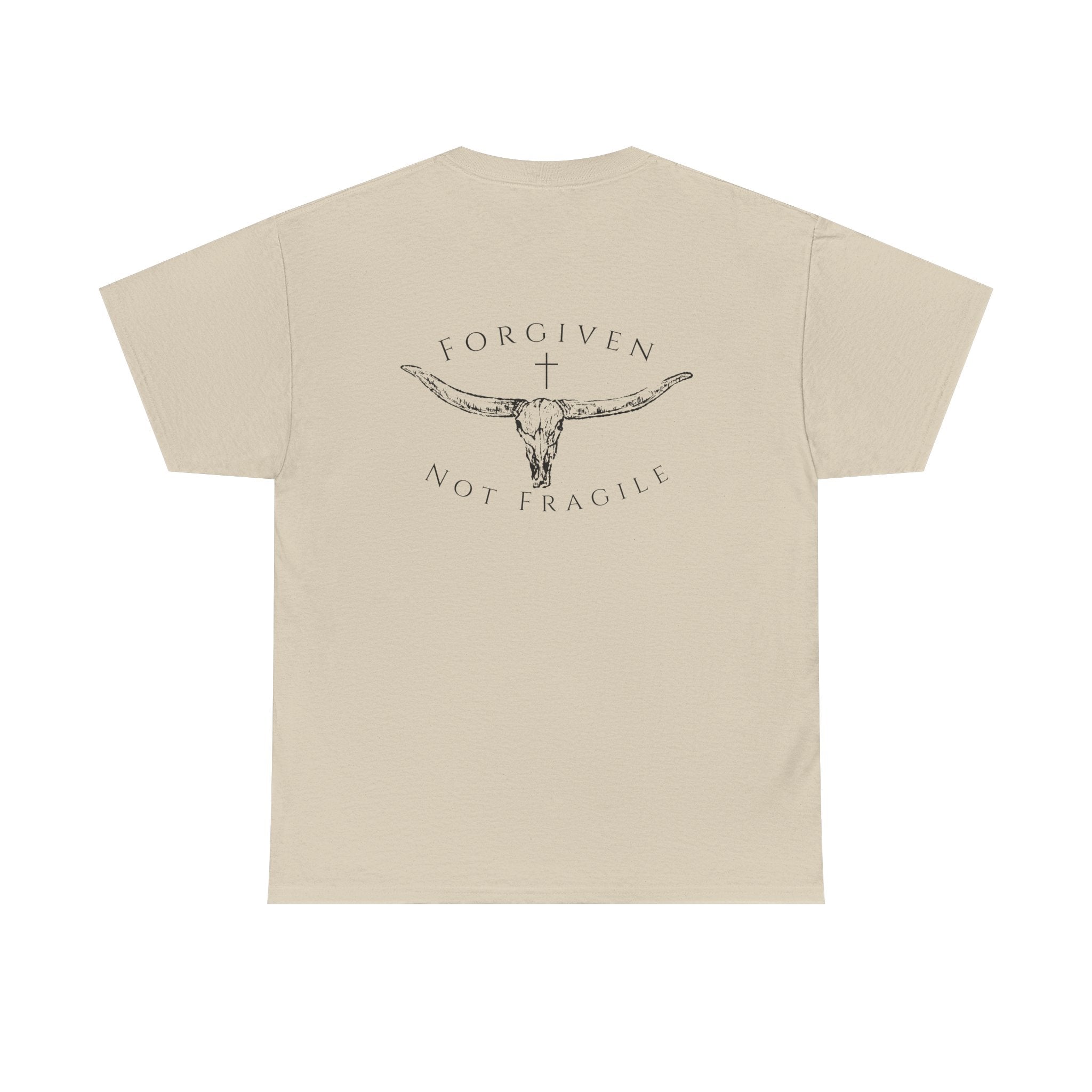 Forgiven Not Fragile Tee — Longhorn Skull Graphic Christian Cotton Tee